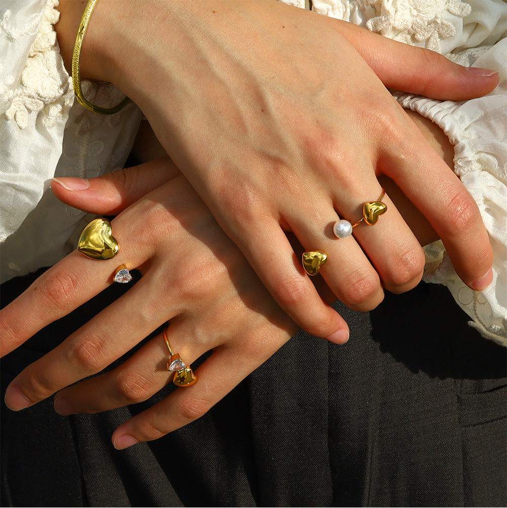 Ins Chic 18K Stainless Steel Heart Pearl Open Geometric Zircon Ring