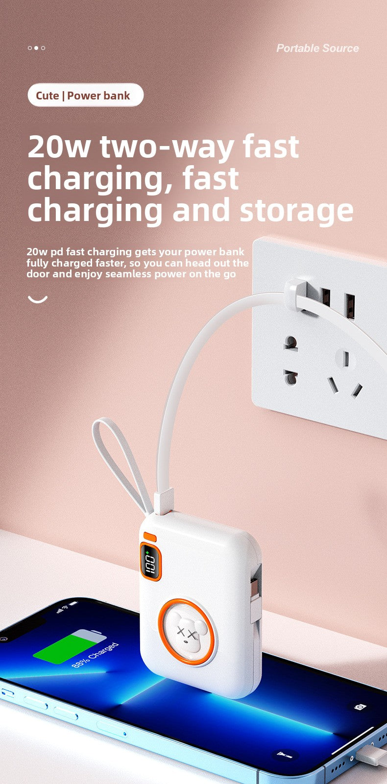 66W Cartoon Power Bank 20000mAh - Built-in Cable with Custom Logo