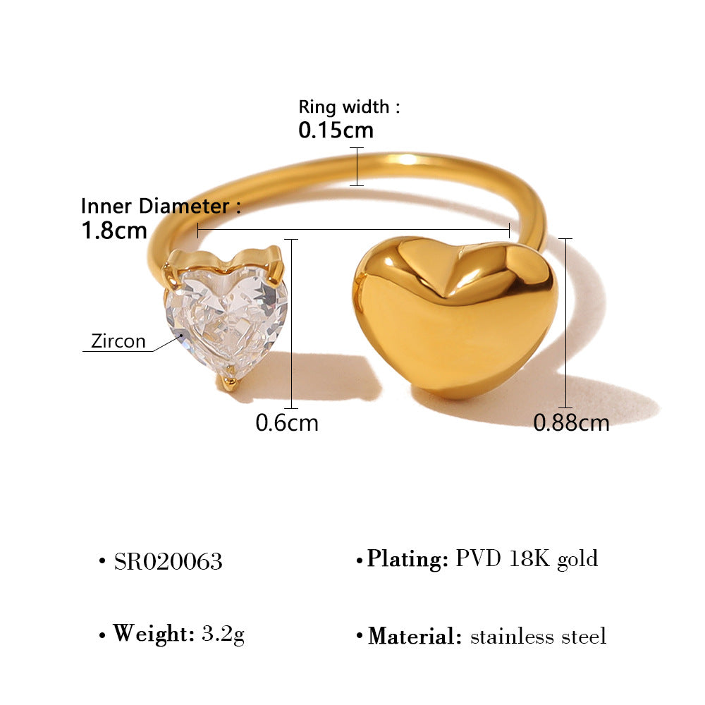 Ins Chic 18K Stainless Steel Heart Pearl Open Geometric Zircon Ring