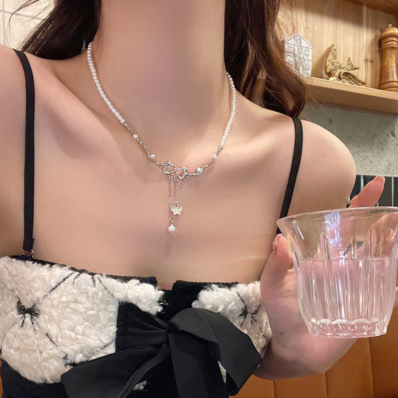 New Women's Bowknot Pearl Necklace Ins Light Luxury Niche Tassel Collarbone Chic Choker
