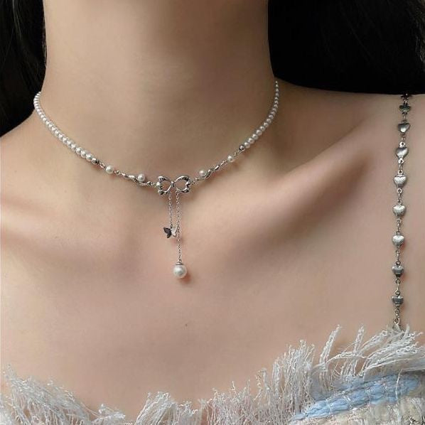 New Women's Bowknot Pearl Necklace Ins Light Luxury Niche Tassel Collarbone Chic Choker