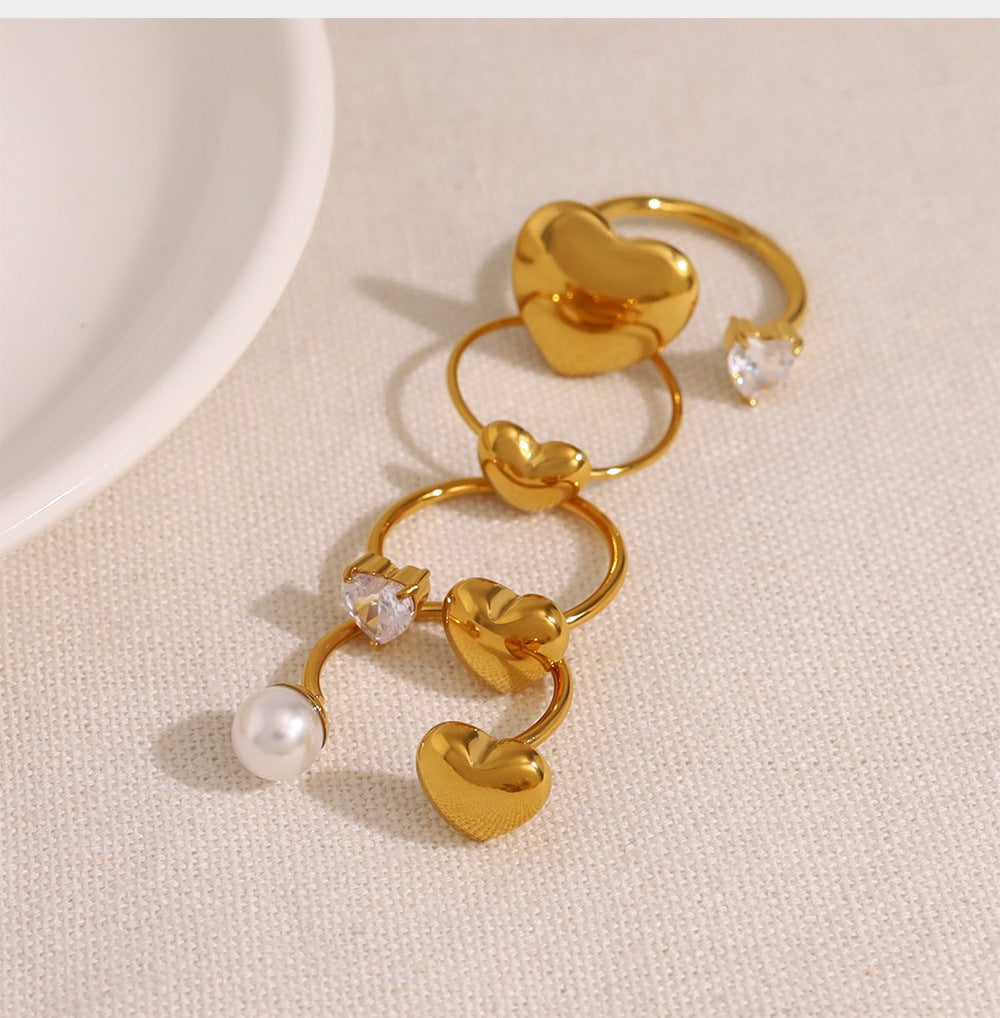 Ins Chic 18K Stainless Steel Heart Pearl Open Geometric Zircon Ring