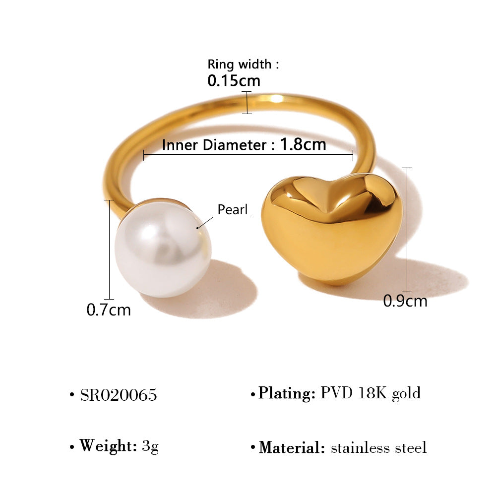 Ins Chic 18K Stainless Steel Heart Pearl Open Geometric Zircon Ring