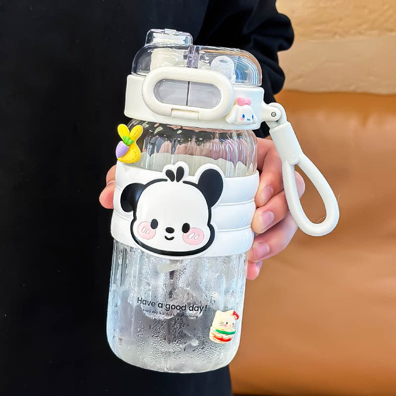 Portable Summer Cup for Girls 2024 High Temp Resistant Straw Glass Cartoon Style