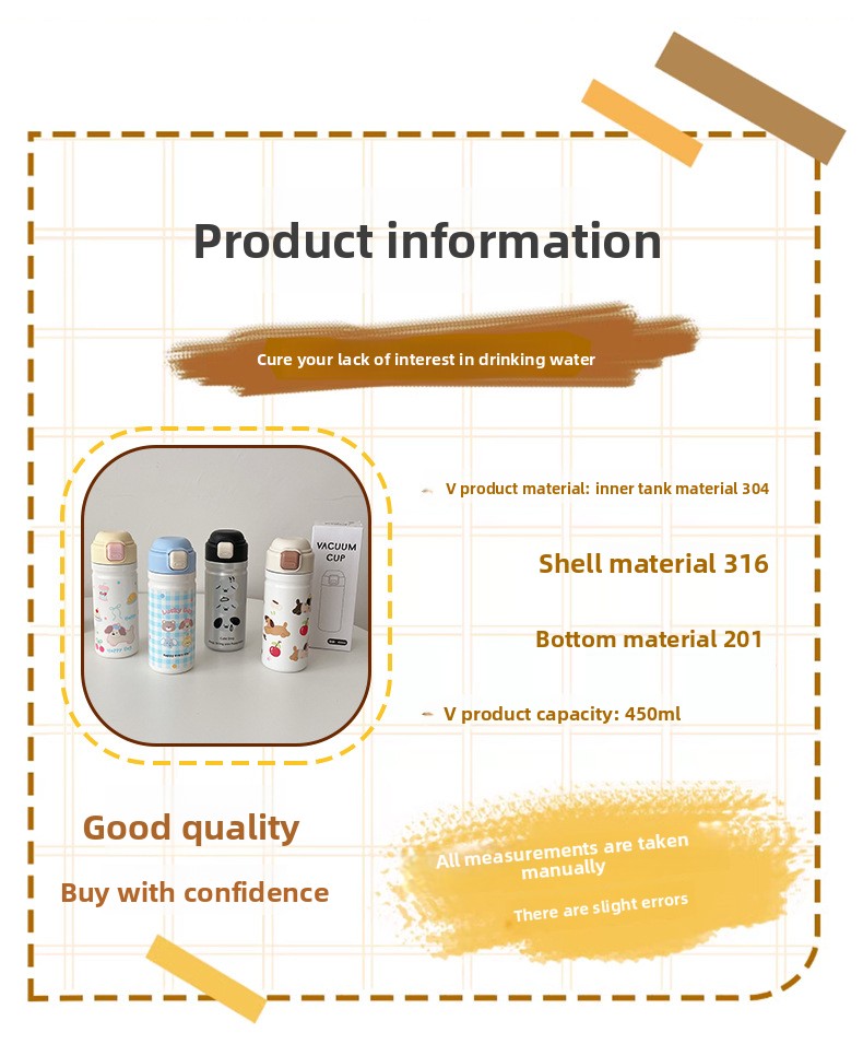 Cartoon Adorable 316 Stainless Steel Insulated Portable Cup with Pop-up Lid for Kids Travel Office