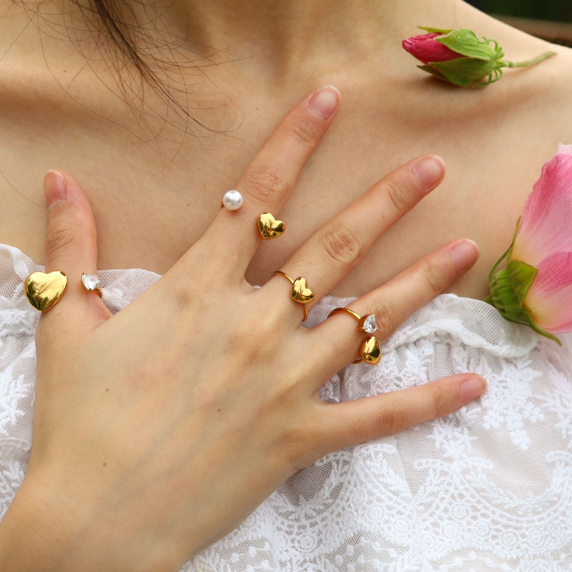 Ins Chic 18K Stainless Steel Heart Pearl Open Geometric Zircon Ring