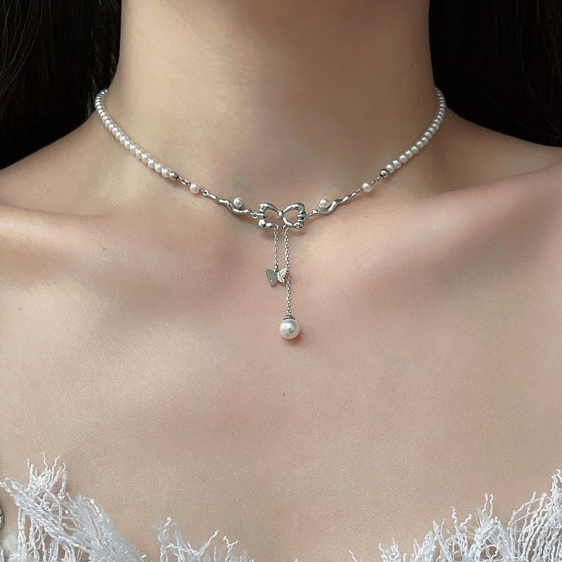 New Women's Bowknot Pearl Necklace Ins Light Luxury Niche Tassel Collarbone Chic Choker