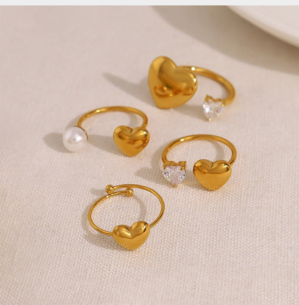 Ins Chic 18K Stainless Steel Heart Pearl Open Geometric Zircon Ring