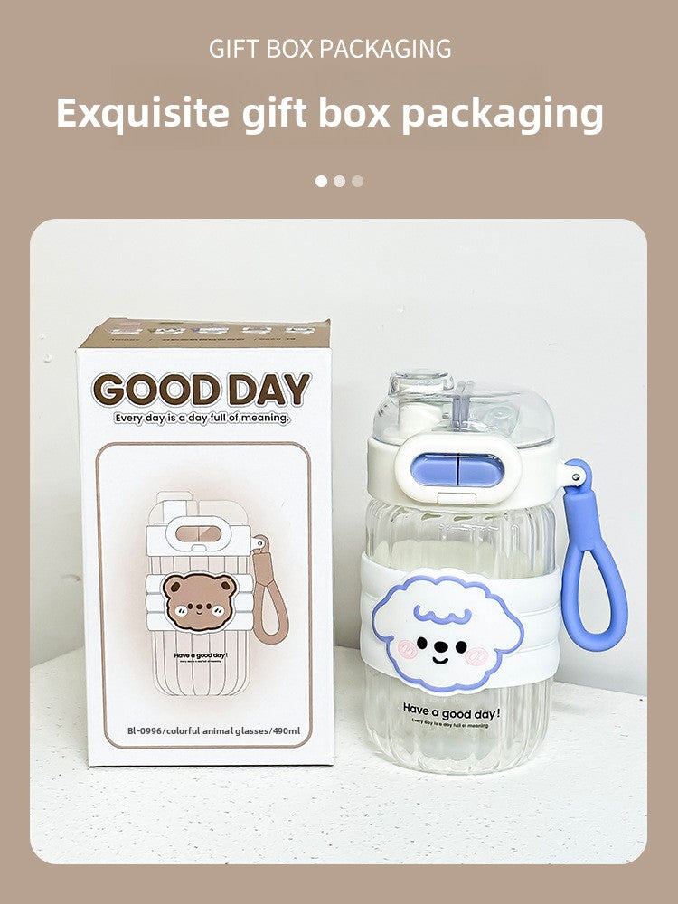 Portable Summer Cup for Girls 2024 High Temp Resistant Straw Glass Cartoon Style