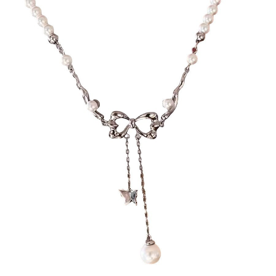 New Women's Bowknot Pearl Necklace Ins Light Luxury Niche Tassel Collarbone Chic Choker