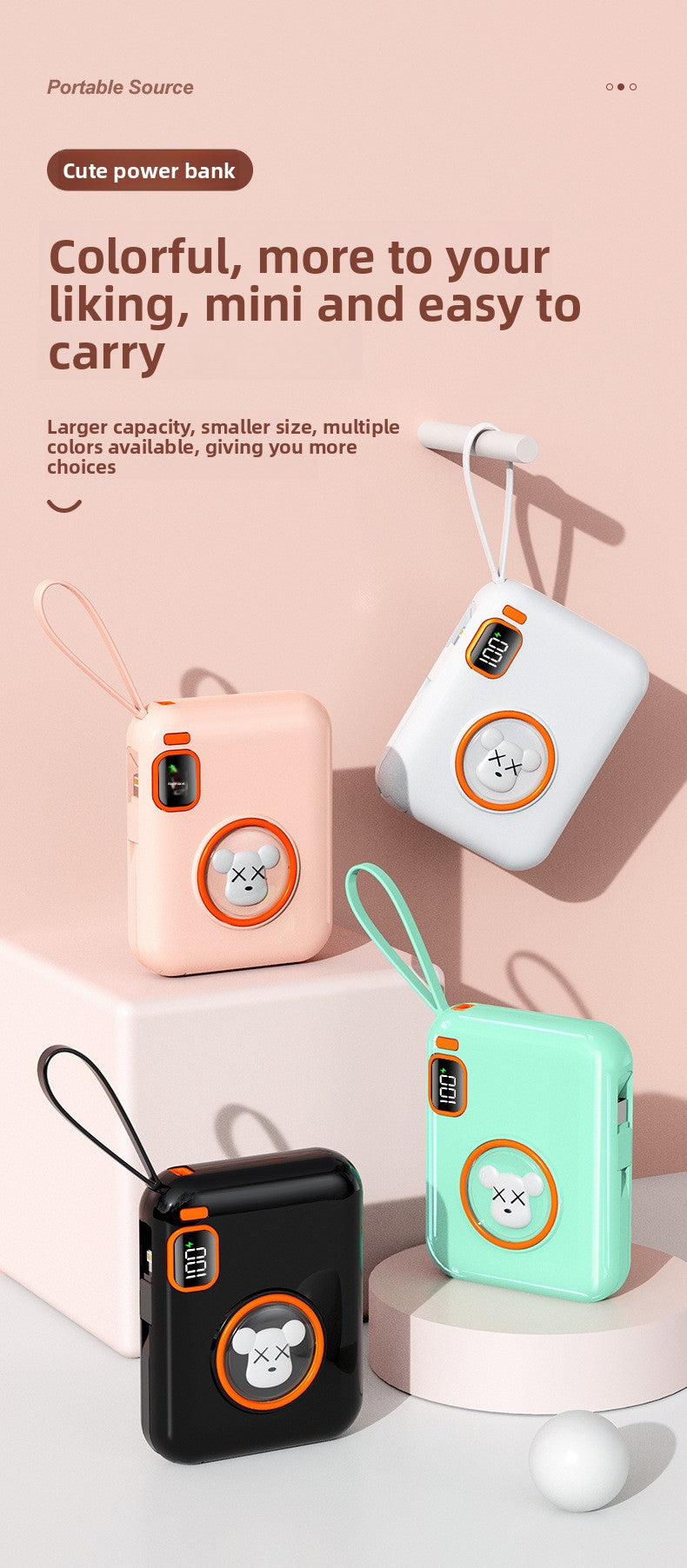 66W Cartoon Power Bank 20000mAh - Built-in Cable with Custom Logo