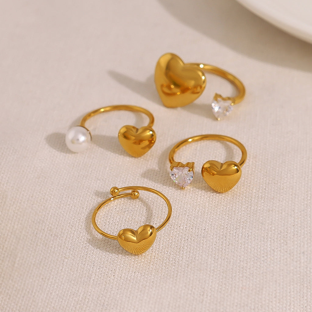Ins Chic 18K Stainless Steel Heart Pearl Open Geometric Zircon Ring