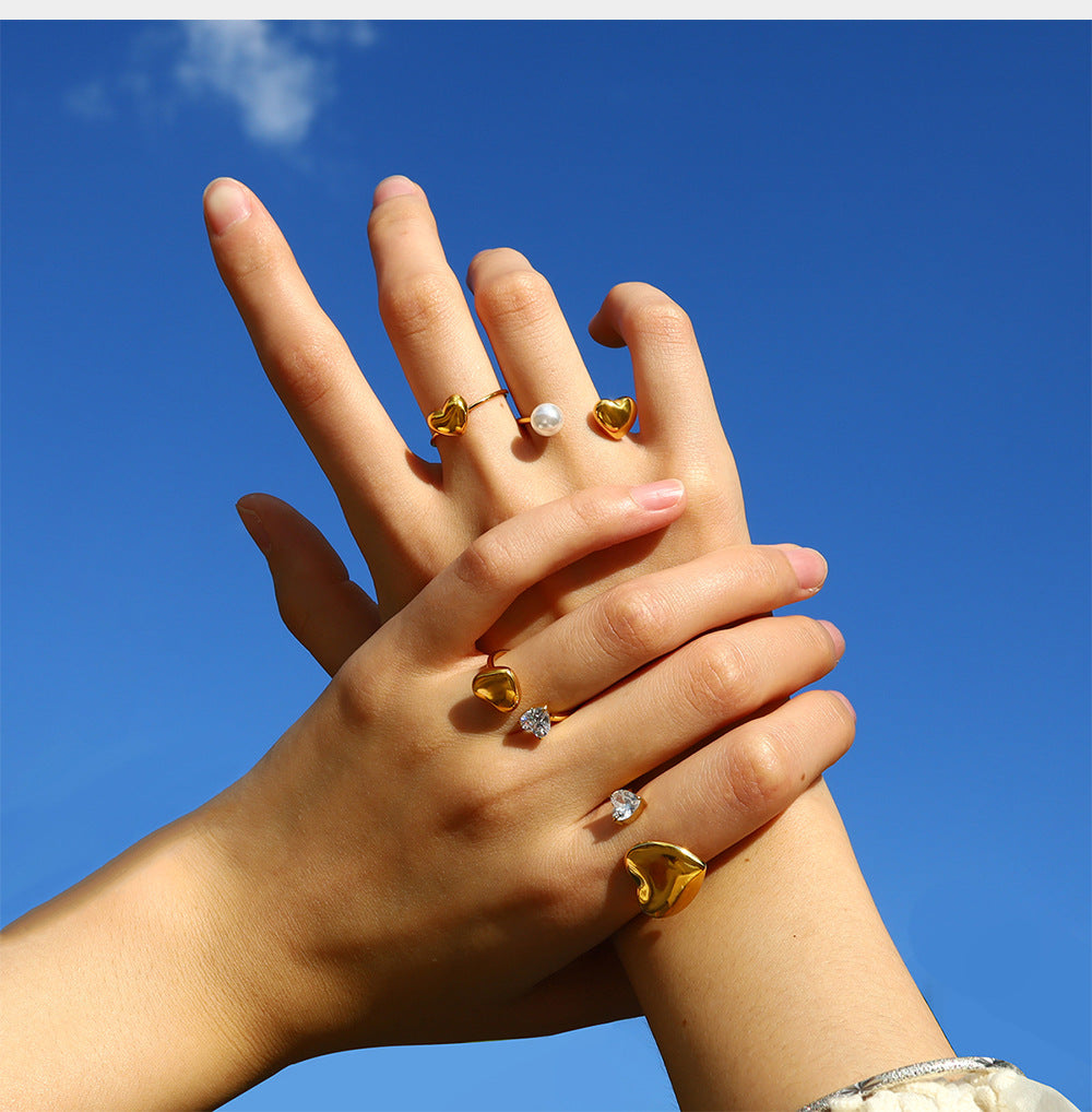 Ins Chic 18K Stainless Steel Heart Pearl Open Geometric Zircon Ring