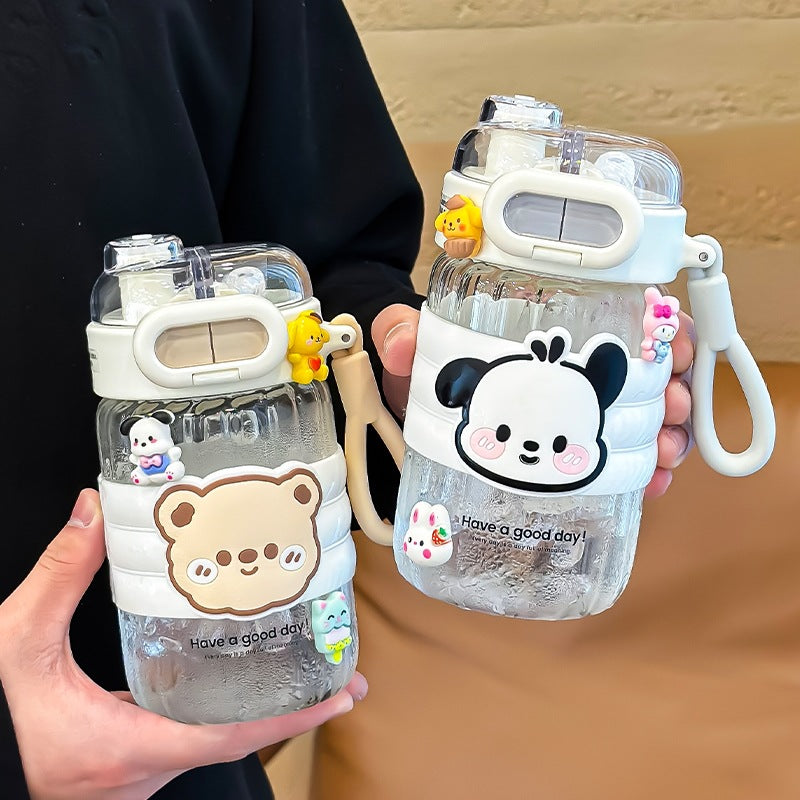 Portable Summer Cup for Girls 2024 High Temp Resistant Straw Glass Cartoon Style