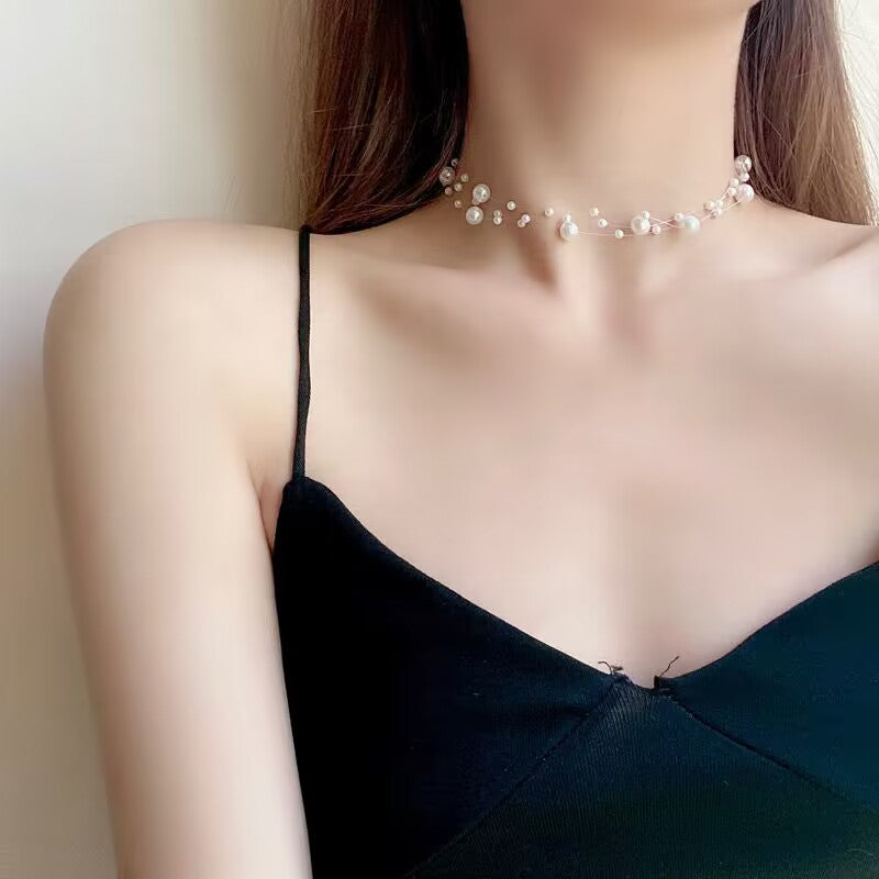 Korean Style Minimalist Pearl Multi-layer Necklace with Transparent Fishing Line Ins Choker