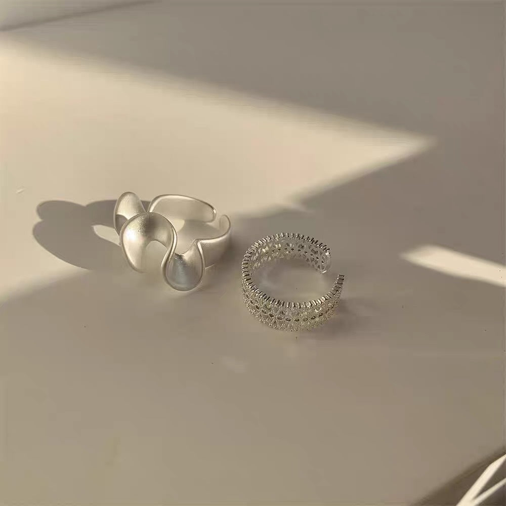 Wave and Skirt Zircon Lace Ring INS Design Matte Silver Adjustable Open Ring for Women