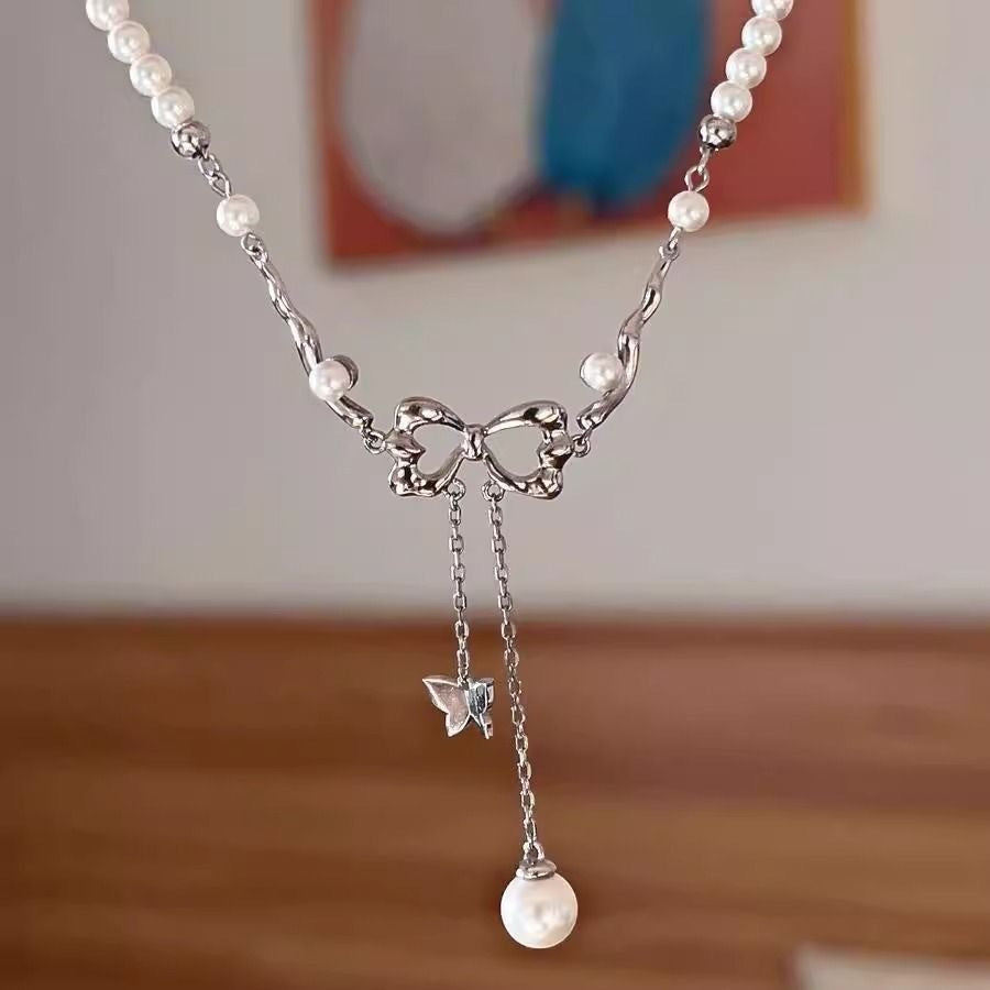 New Women's Bowknot Pearl Necklace Ins Light Luxury Niche Tassel Collarbone Chic Choker