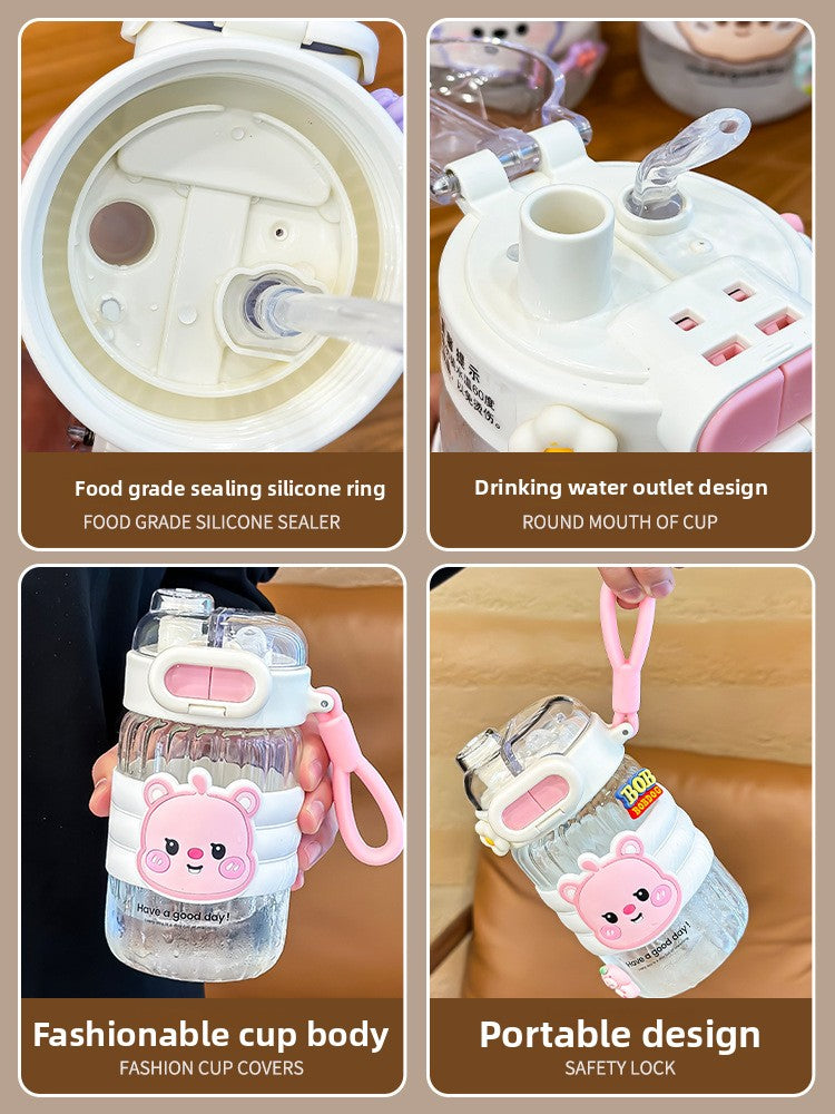 Portable Summer Cup for Girls 2024 High Temp Resistant Straw Glass Cartoon Style