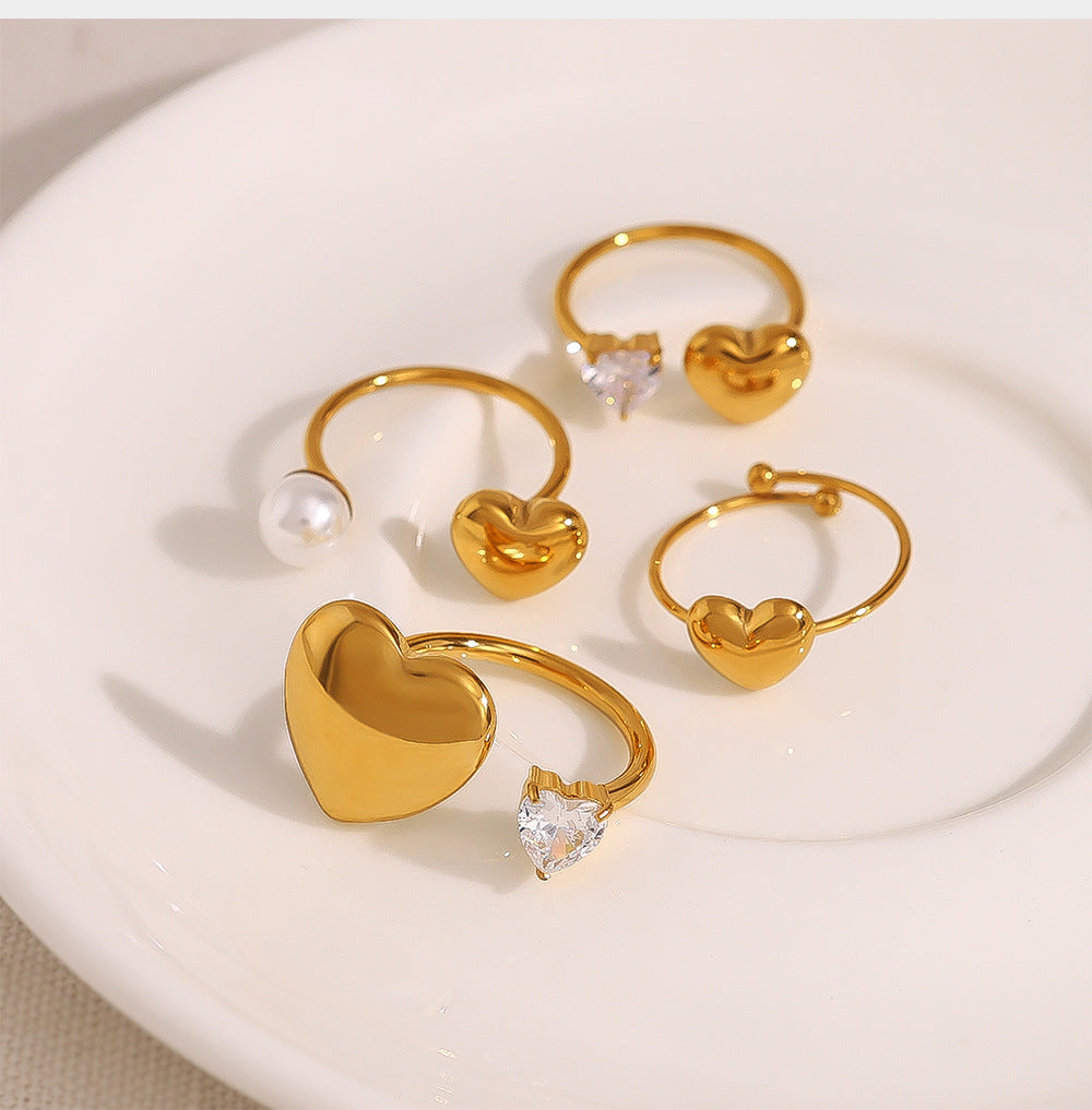 Ins Chic 18K Stainless Steel Heart Pearl Open Geometric Zircon Ring