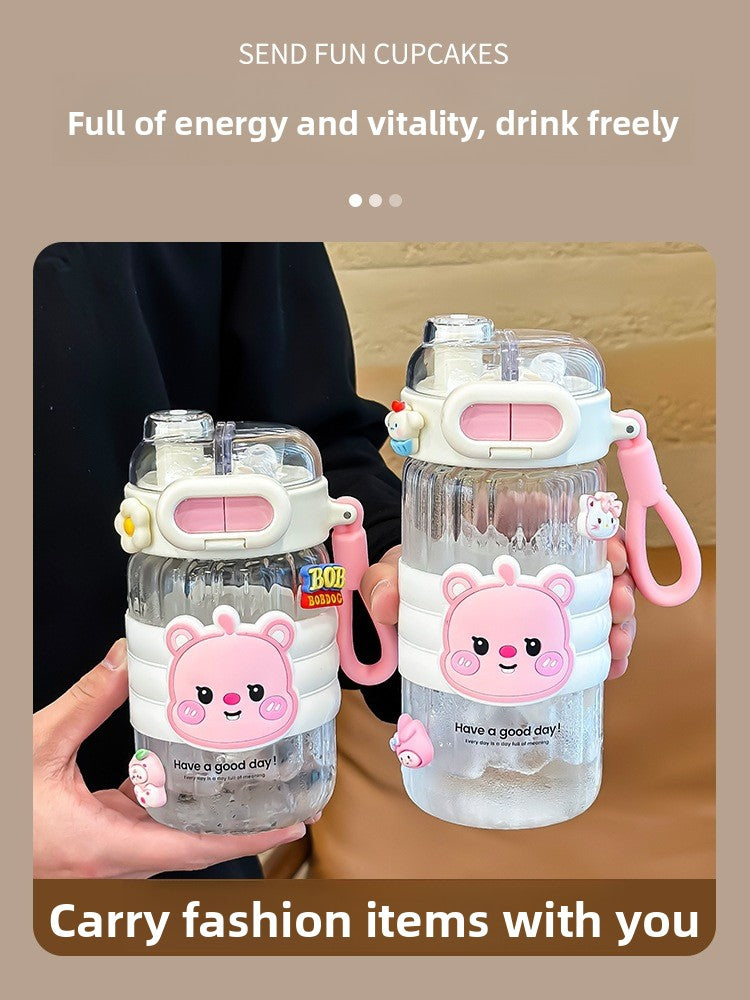 Portable Summer Cup for Girls 2024 High Temp Resistant Straw Glass Cartoon Style