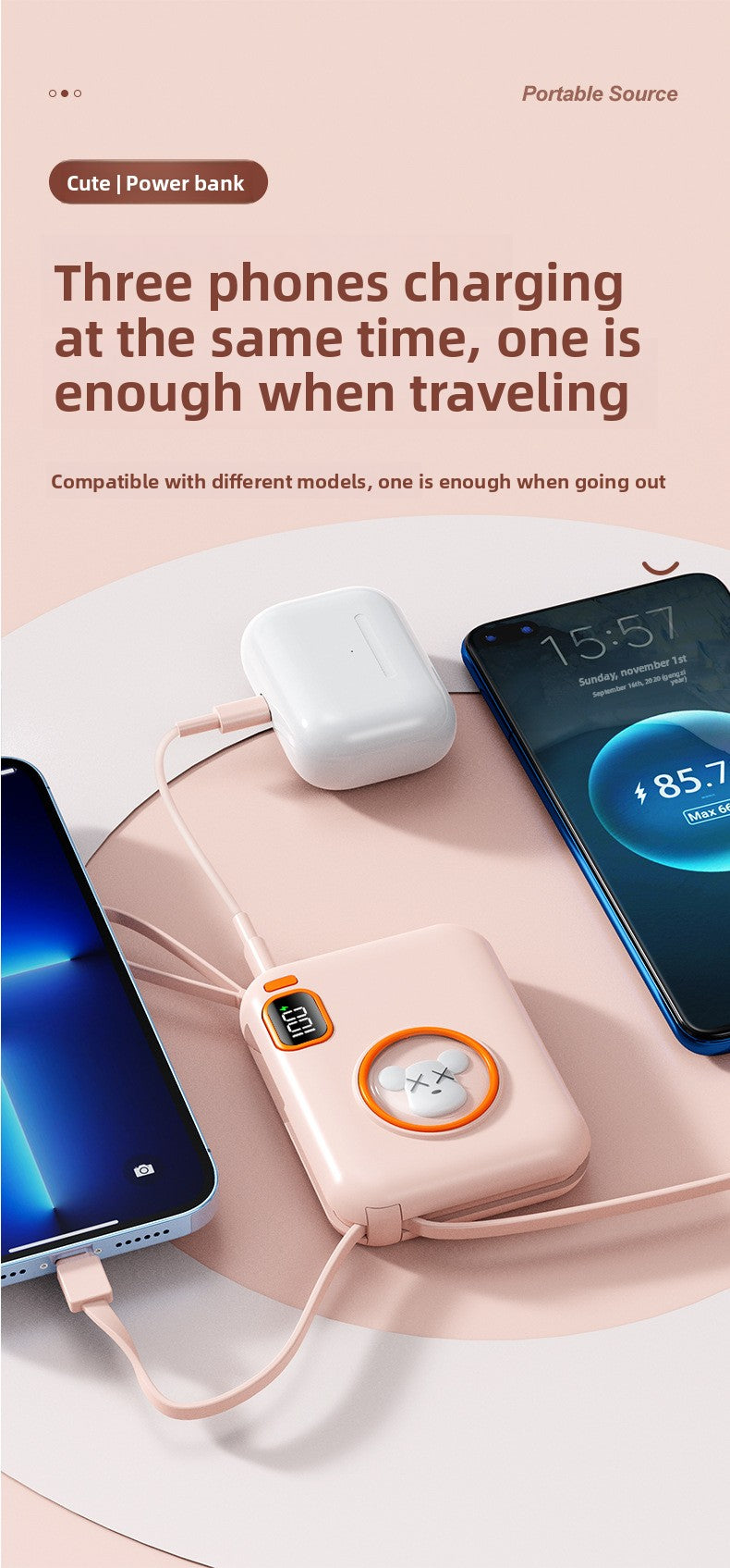 66W Cartoon Power Bank 20000mAh - Built-in Cable with Custom Logo