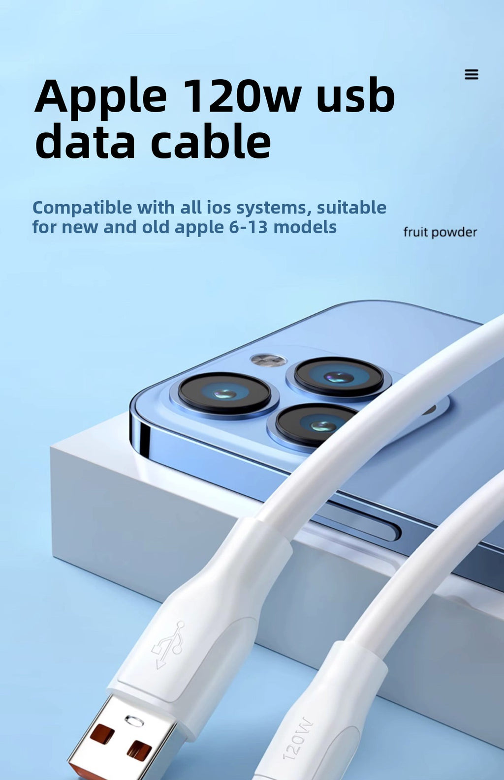 120W Fast Charging Cable for iPhone 14/13/12/11 Pro/XR