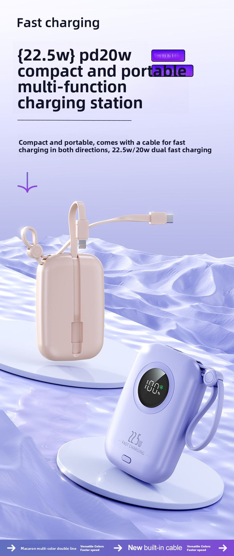 22.5W Power Bank 20000mAh - Built-in Cable for Outdoor Use