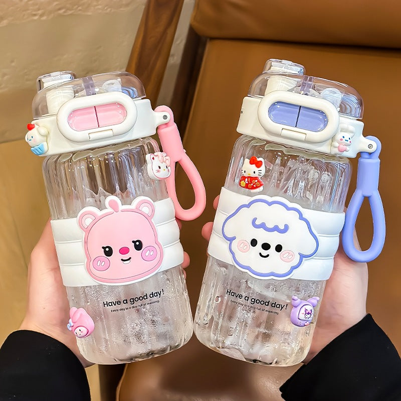 Portable Summer Cup for Girls 2024 High Temp Resistant Straw Glass Cartoon Style