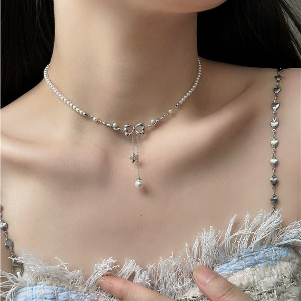 New Women's Bowknot Pearl Necklace Ins Light Luxury Niche Tassel Collarbone Chic Choker