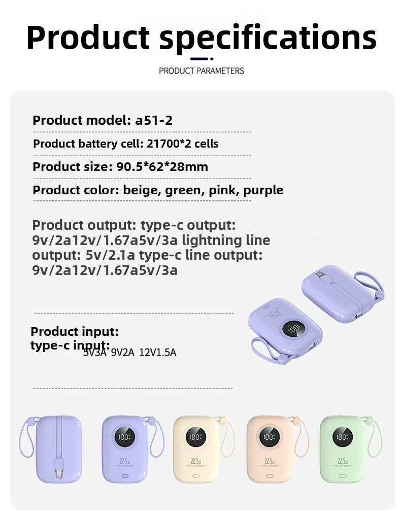 22.5W Power Bank 20000mAh - Built-in Cable for Outdoor Use