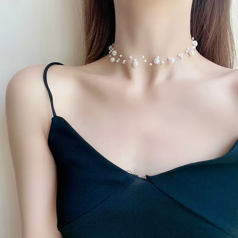 Korean Style Minimalist Pearl Multi-layer Necklace with Transparent Fishing Line Ins Choker