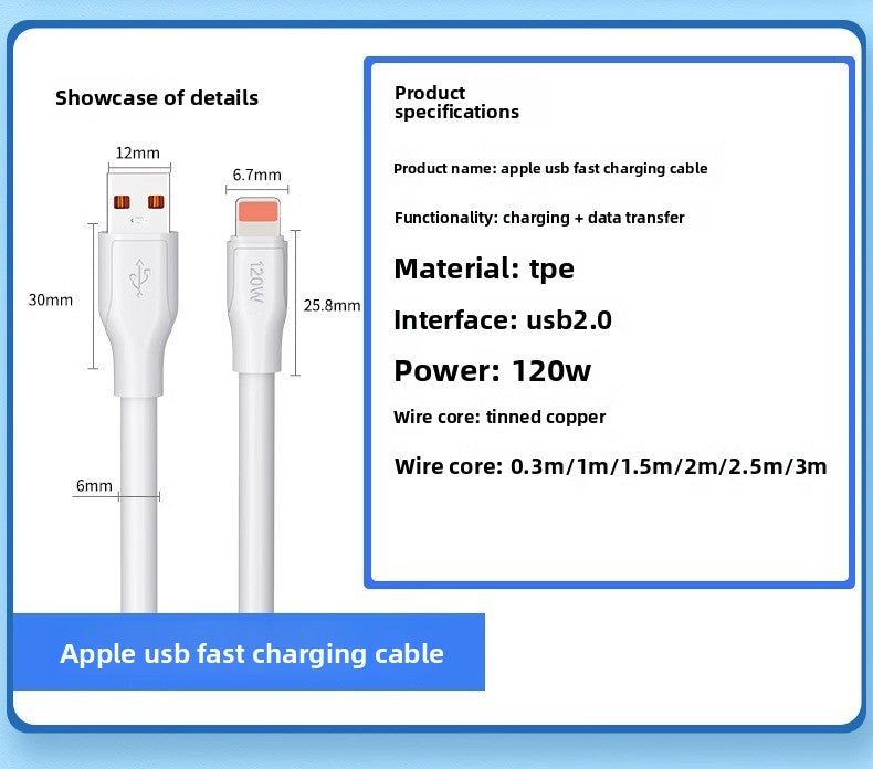 120W Fast Charging Cable for iPhone 14/13/12/11 Pro/XR