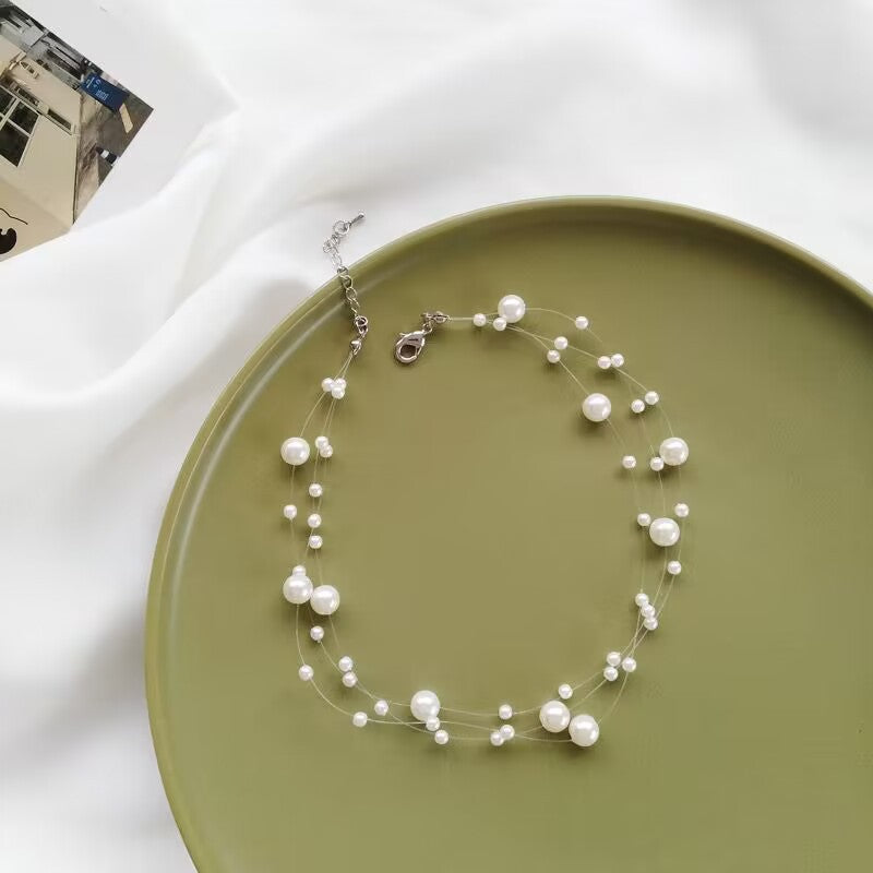 Korean Style Minimalist Pearl Multi-layer Necklace with Transparent Fishing Line Ins Choker
