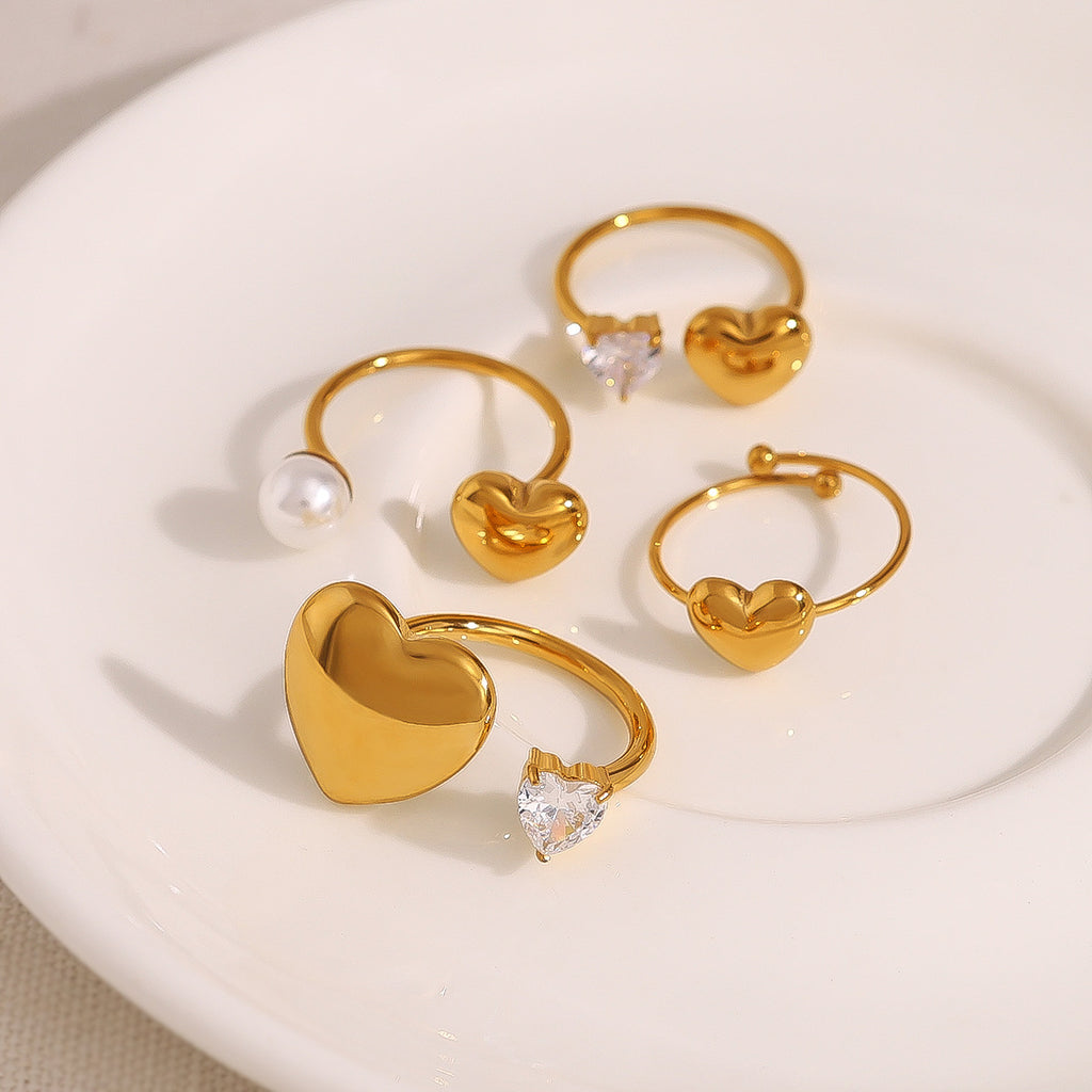 Ins Chic 18K Stainless Steel Heart Pearl Open Geometric Zircon Ring