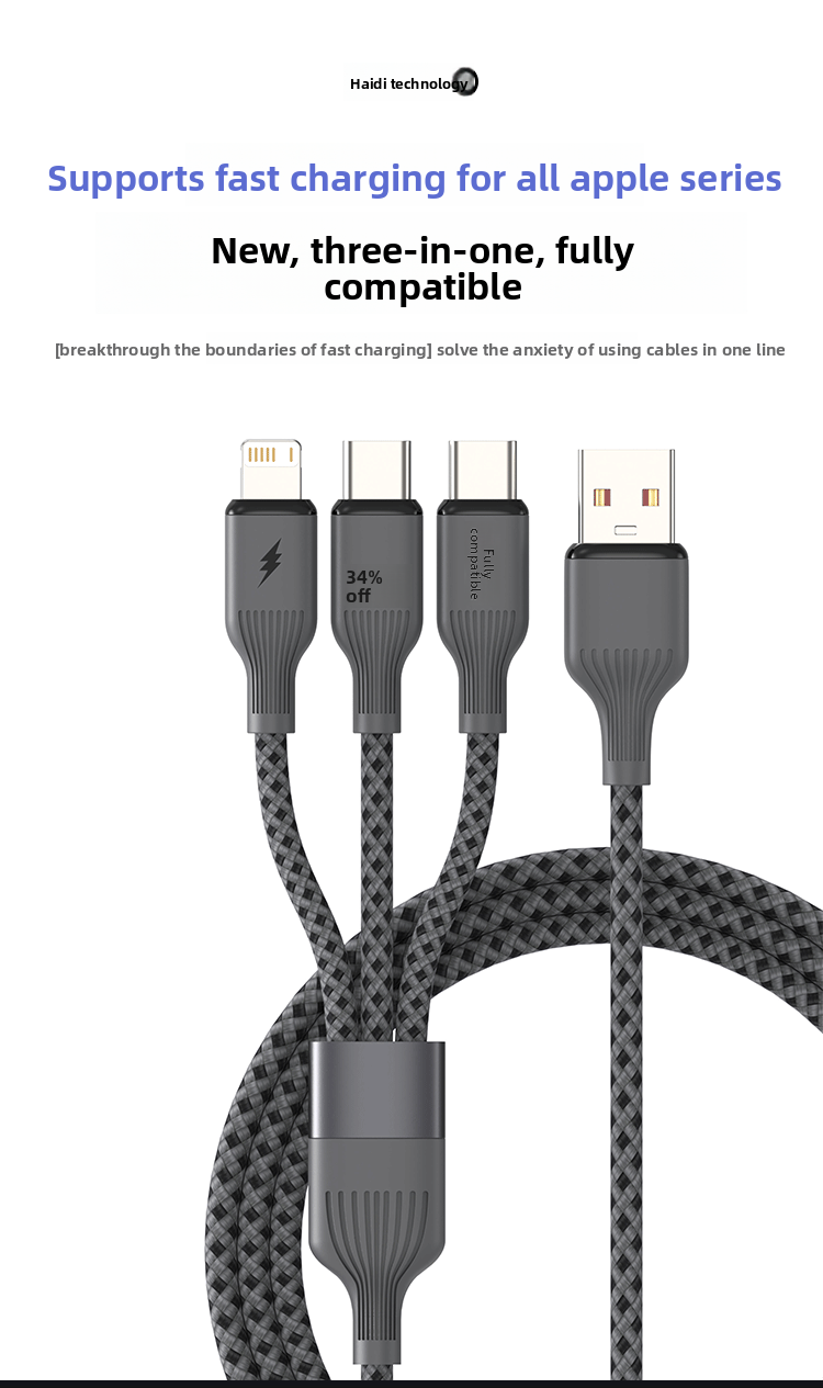 3-in-1 Fast Charging Cable - 6A Universal (iPhone/Android/Type-C)