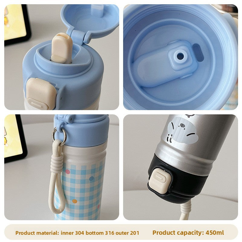 Cartoon Adorable 316 Stainless Steel Insulated Portable Cup with Pop-up Lid for Kids Travel Office