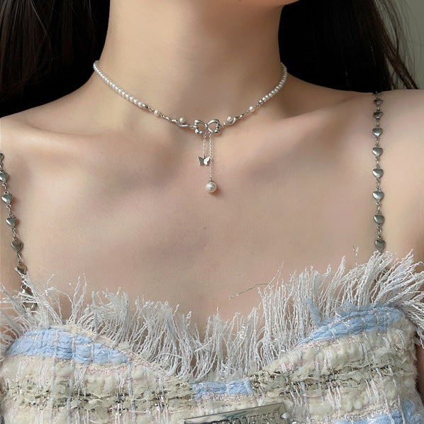 New Women's Bowknot Pearl Necklace Ins Light Luxury Niche Tassel Collarbone Chic Choker