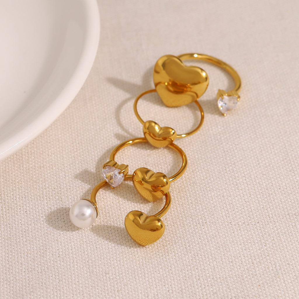 Ins Chic 18K Stainless Steel Heart Pearl Open Geometric Zircon Ring