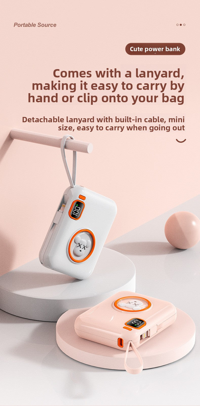 66W Cartoon Power Bank 20000mAh - Built-in Cable with Custom Logo