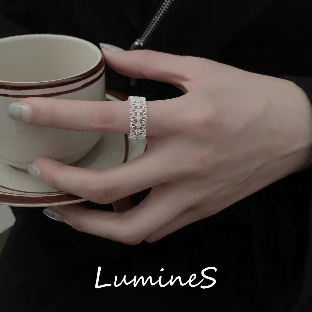 Wave and Skirt Zircon Lace Ring INS Design Matte Silver Adjustable Open Ring for Women