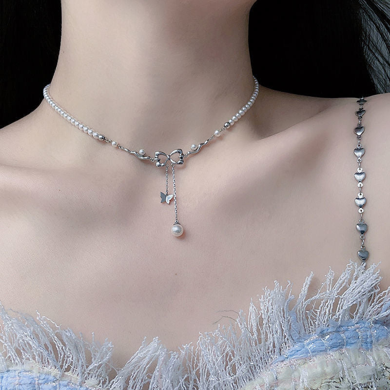 New Women's Bowknot Pearl Necklace Ins Light Luxury Niche Tassel Collarbone Chic Choker